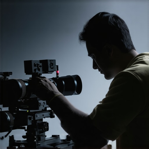 Technician meticulously calibrating a cinema projector with precise instruments in a dark theater setting.