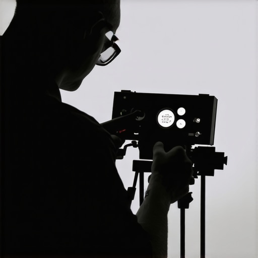 Technician performing professional calibration on a cinema projector in a dark theater