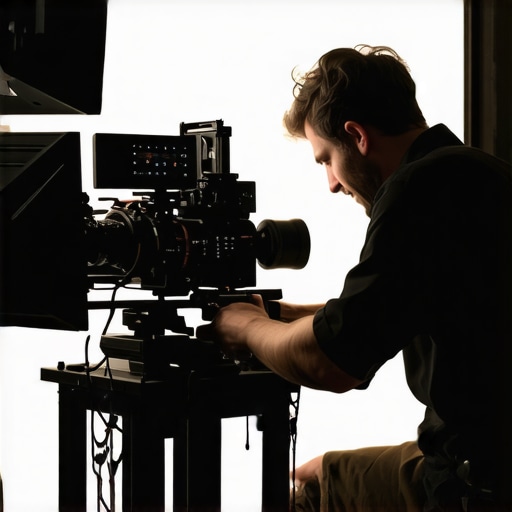 Technician calibrating a cinema projector using digital tools on a film set.