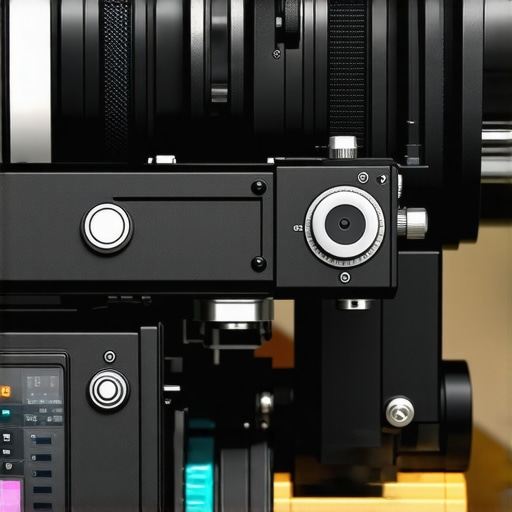Technician calibrating a cinema projector using specialized tools in a dark theater room.
