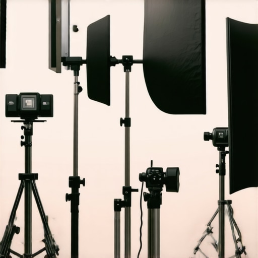A detailed shot of a film set with professional lighting, reflectors, and support stands.