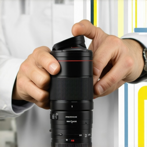 Technician cleaning cinema lens to ensure optimal image quality.