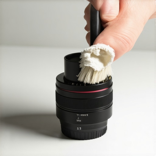 Close-up of a technician cleaning a cine lens focus ring with a brush and microfiber cloth in a studio setting