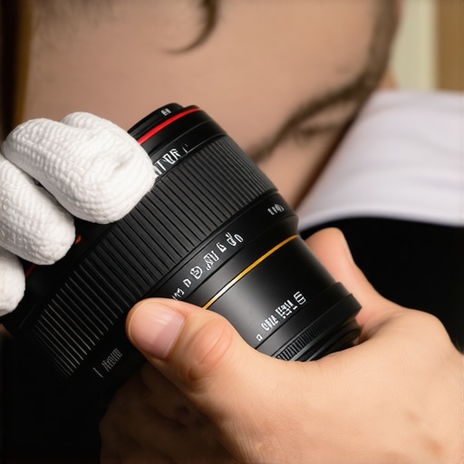 Technician carefully cleaning a movie camera lens with microfiber cloth, emphasizing proper maintenance.