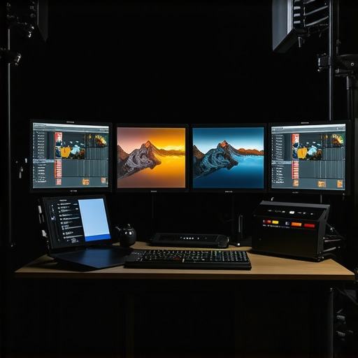 An advanced filmmaking workspace showing monitors, calibrators, and lighting equipment for accurate color management.