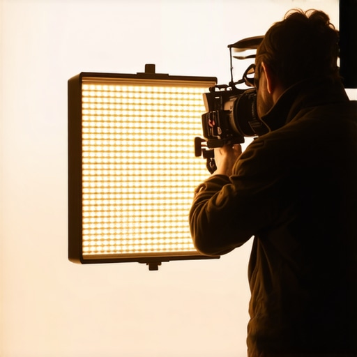 Lighting technician modifying LED setup to soften shadows in a film scene