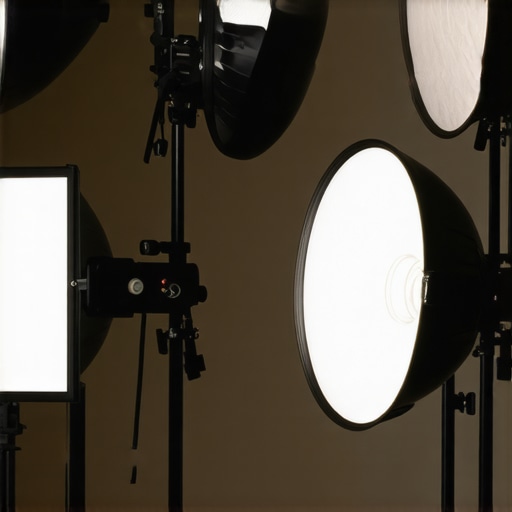 Photograph of professional film lighting gear with diffusers and reflectors for cinematic lighting