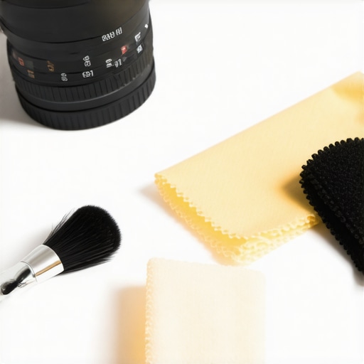 Essential Cine Lens Cleaning Kit for Filmmakers A detailed shot of a cine lens cleaning kit with brushes and cloths on a table.