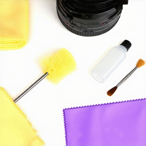 A professional cine lens cleaning kit arranged neatly with cloths and cleaning solutions