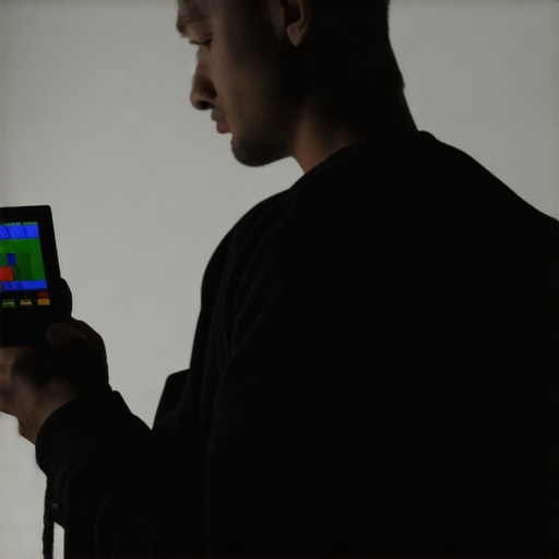 A videographer taking light readings with a color meter during a film setup.