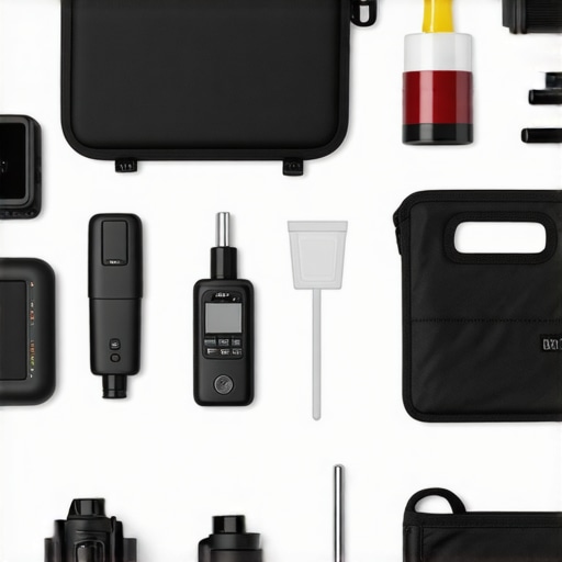 A toolkit with calibration gauges, cleaning supplies, and support gear used by filmmakers in a studio.