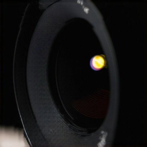 High-quality cine lens in low-light conditions A detailed shot of a professional cine lens with reflections and lighting adjustments