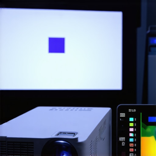 Calibration tools and test pattern displayed on a projector in a dark room.