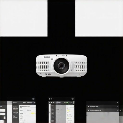 A projector calibration scene showing grayscale test slides, environment setup, and different screens for contrast testing