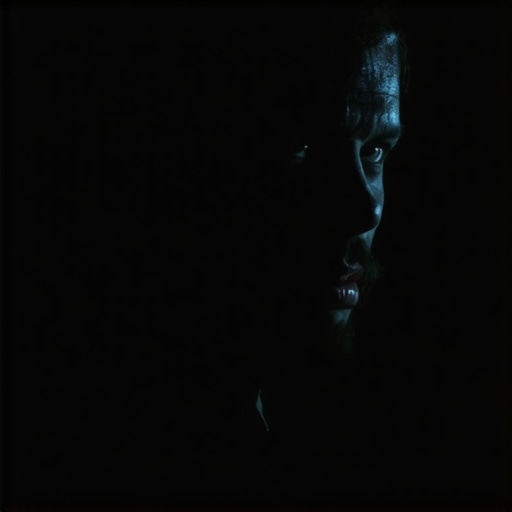 A dark, moody horror scene with stark shadows cast by a focused light source