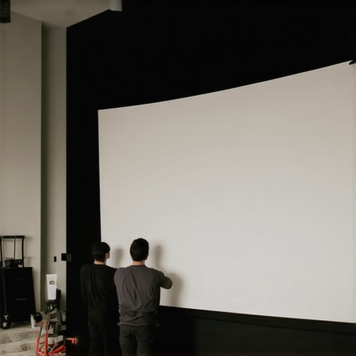Person measuring and installing a curved projection screen in a cinema room.