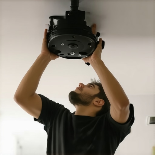 Person installing adjustable projector mount on slanted ceiling with hardware and anchors