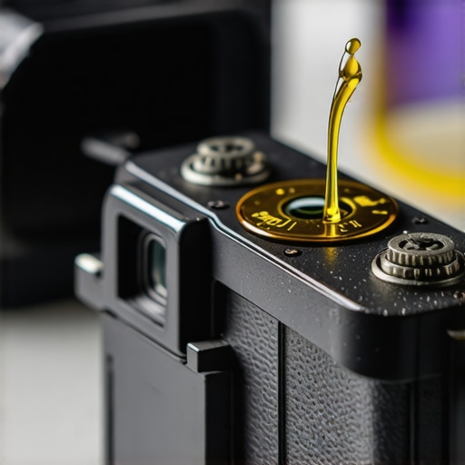 Close-up of a hand applying lubricant to a camera follow focus gear