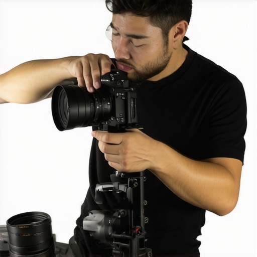A technician using cleaning tools on camera support and lenses in a studio.