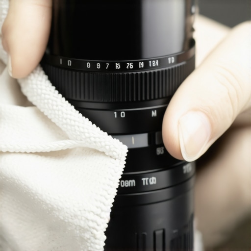 Maintaining Cinematic Lenses and Equipment Film technician cleaning cine lens with microfiber cloth and optical cleaner