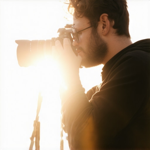 Camera operator adjusting camera to create cinematic lens flare with sunlight