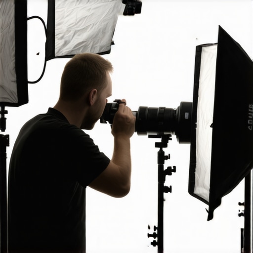 A filmmaker carefully arranging lights and flags on a professional film set for optimal shadow management.