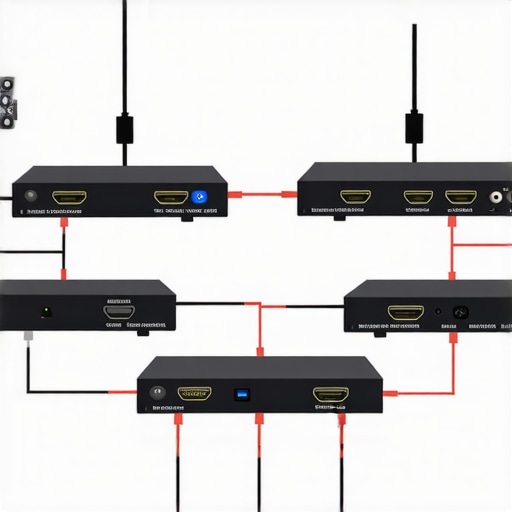 Diagram showing proper HDMI connections with high-quality cables and signal boosters for cinema projection
