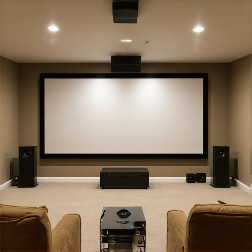 A high-end home theater with a perfectly installed acoustic transparent projection screen and surround sound system.