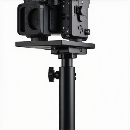 Precision Cine Support Setup in a Studio Environment A technician adjusting a professional cine support with vibration dampers and calibration devices in a studio setting