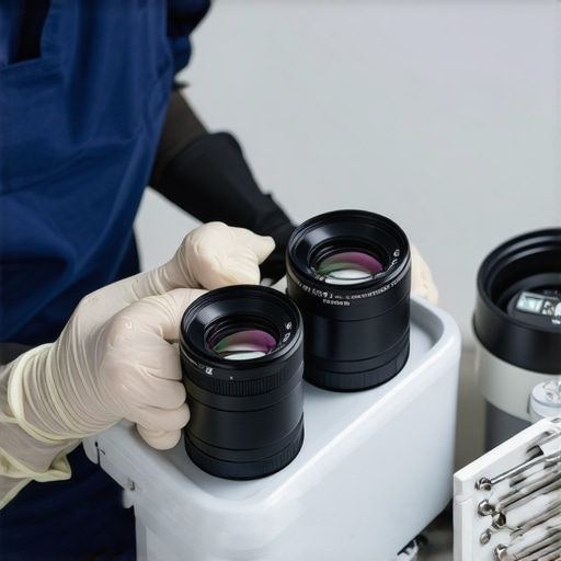 Technician using ultrasonic cleaner and support tools to maintain cine lenses and supports