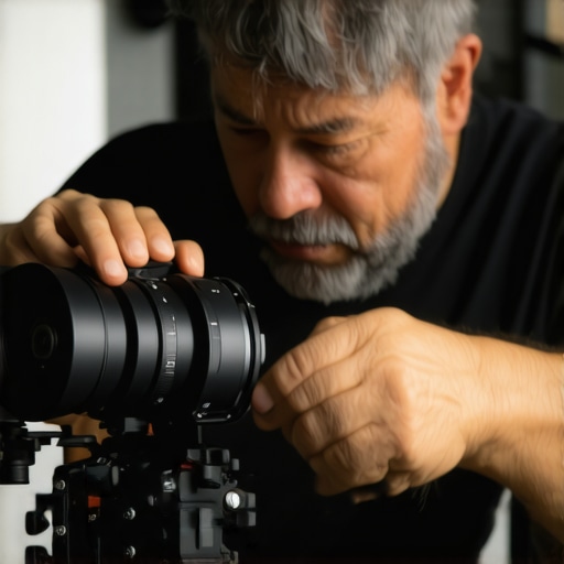 Filmmaker cleaning and inspecting cine lenses and support gear in a studio setting.