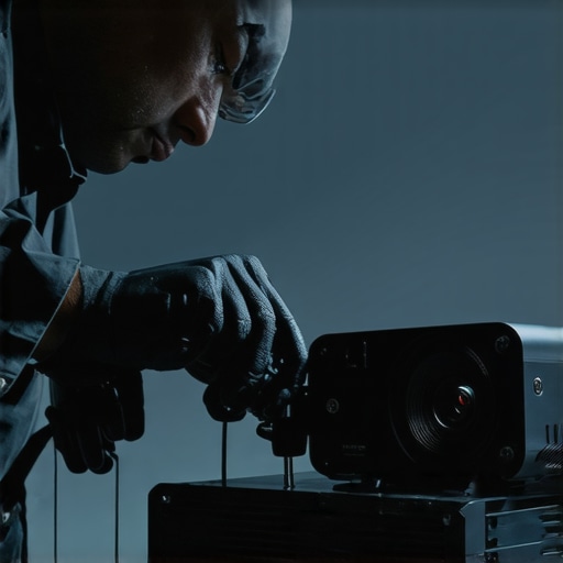 Professional Cinema Projector Maintenance Technician cleaning a cinema projector with tools to ensure optimal performance.