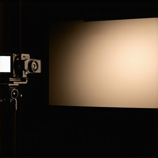 High-end cinema equipment including projector, camera supports, and projection screen