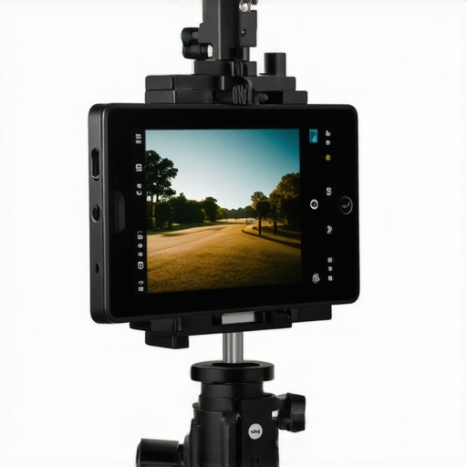 Close-up of a sturdy iPad mount secured to a camera support, demonstrating stability for teleprompting.