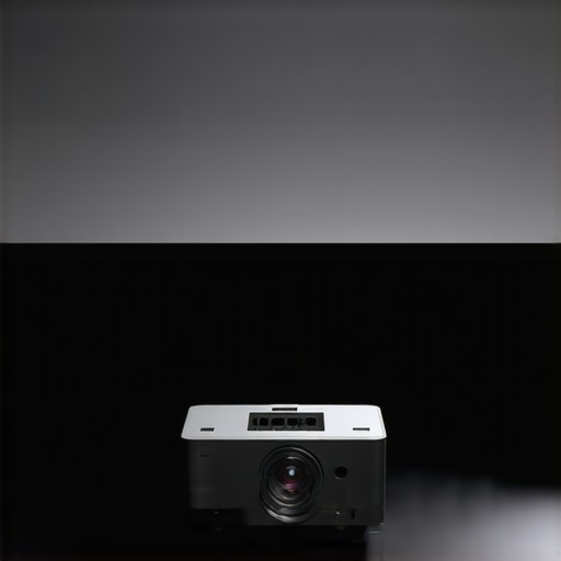 A detailed shot of a cinema projector aimed at a taut projection screen in a professional studio environment.