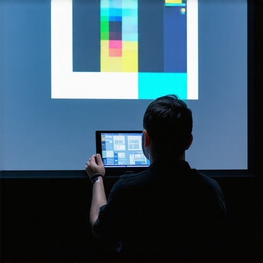 Projector calibration setup guide Person adjusting a projector with test pattern screens in a dark room.