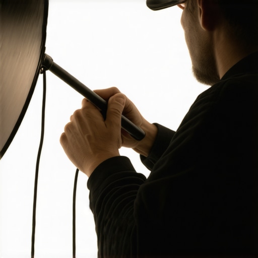 A sound technician carefully holding a boom pole with shock mount to minimize handling noise during filming.