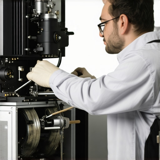 Proper Cinema Projector Maintenance Technician performing routine service on a cinema projector, emphasizing maintenance practices.