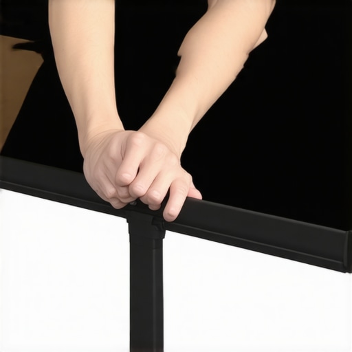 Hands carefully adjusting tensioners on a projection screen to ensure smooth, even fabric for optimal image clarity.