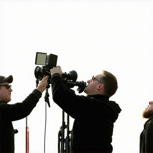 A film crew stabilizing a boom pole with various methods during outdoor shooting.