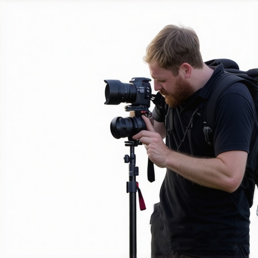 Secure Camera Support Setup Photographer securing support clamp on camera outdoors.