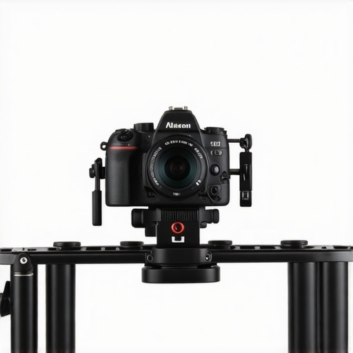 Camera mounted on a sturdy, locked support rig showing tight connections and locking plates