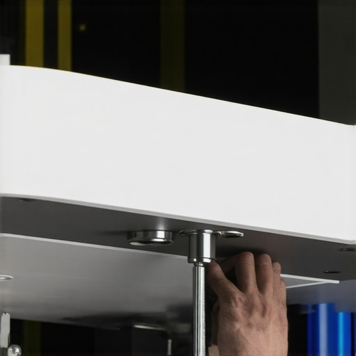 Technician tightening mount bolts on ceiling projector with torque wrench