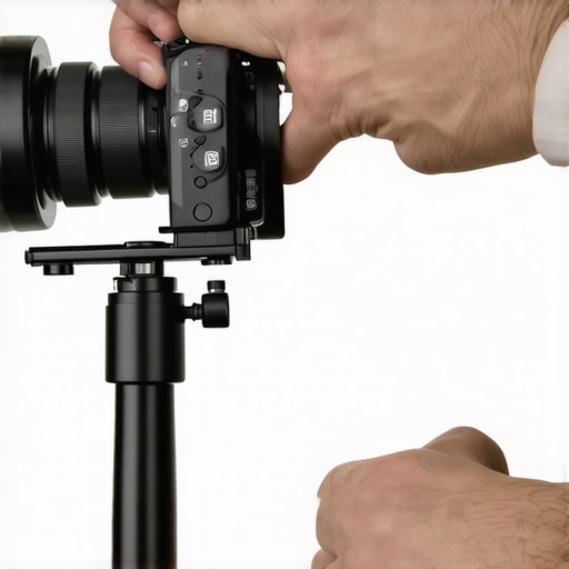 Camera operator fine-tuning a support rig for stability