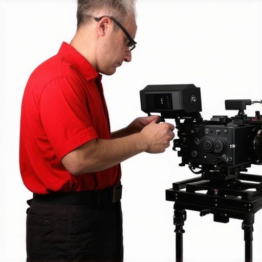 Technician using a thermal camera to inspect cinema projector for early signs of failure.