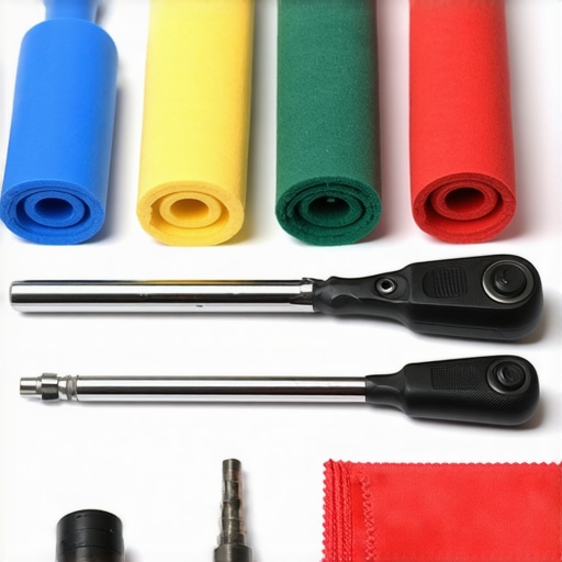 Professional tools including torque wrench, cleaning cloths, and vibration dampers arranged on a table.