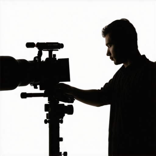 Lighting setup showing contrast between illuminated subject and dark background.