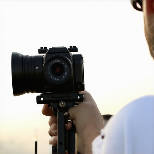 Cinematographer measuring exposure with a handheld light meter in a studio environment.