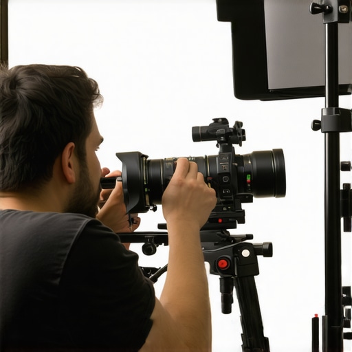 Technicians adjusting camera support systems with precise tools in a studio.