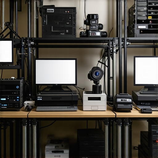 A clean and organized film studio with well-maintained camera supports, lighting, and projection tools.